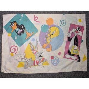 Vintage 1995 Looney Tunes Pillow Case Bugs Bunny‎ Daffy Tweety Warner Bros FLAWS